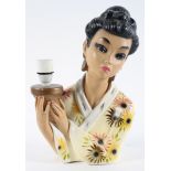 A 1950's plaster lamp, modelled as a Japanese lady holding the sconce, Incised Rgd.
