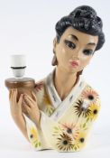 A 1950's plaster lamp, modelled as a Japanese lady holding the sconce, Incised Rgd.