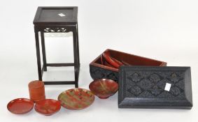 A Chinese hardwood stand and a lacquered box with contents