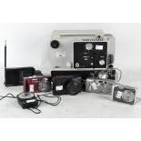A collection of camera and video equipment, to include Panasonic TZ100, Panasonic RF-B10,