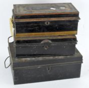 Three vintage 20th century deed boxes, of varying sizes,