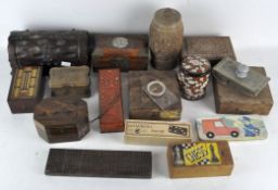 A large collection of wooden boxes, to include cribbage board, Jerusalem box and cased examples,