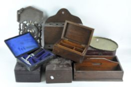 A collection of wooden boxes and related items,including jewellery boxes,