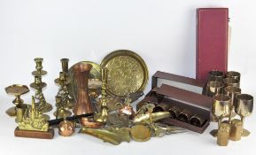 A quantity of assorted brassware, including cups, trays,