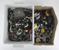 A large collection of vintage buttons and costume jewellery and other items (2 boxes)