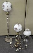 A chandelier, standard lamp, table lamp and Aladdin lamp,