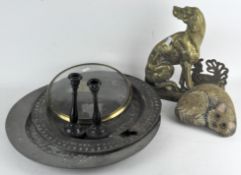 Assorted items, to include a charger, brass door stop, and a pair of ebony candlesticks,