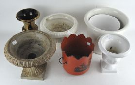 A collection of assorted planters, tins, stone and ceramic, including a Crown Devon example,