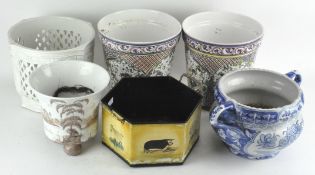 A collection of assorted planters, to include a pair of ceramic Portuguese examples,