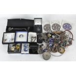 Assorted silver and costume jewellery, including a Victorian silver pot lid, 32 grams,