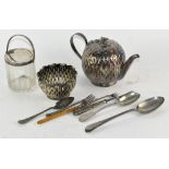 Assorted silver plate, including a Hukin and Heath glass jam pot,