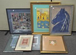 A collection of assorted pictures and prints including a tapestry depicting various animals,