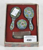 A Chinese enamelled miniature brush set, comprising brush, mirror, come and pill pot,