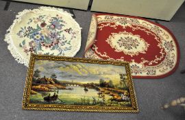 Three vintage rugs, to include an oval rug with red ground, 185cm x 121cm; a round floral rug,