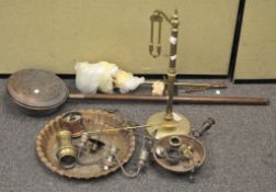 Assorted metalware, to include scales, bed warmer, candelabra and more,