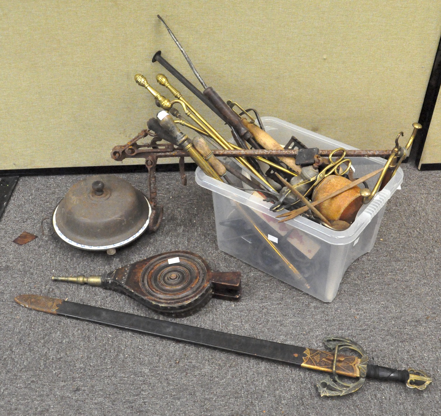 A collection of assorted metalware, to include a reproduction sword, vintage bicycle pump,