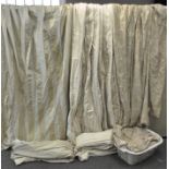 Three sets of full length curtains to include two sets of striped patterns and a gold leaf motif
