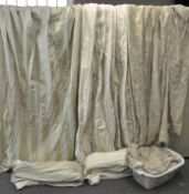 Three sets of full length curtains to include two sets of striped patterns and a gold leaf motif