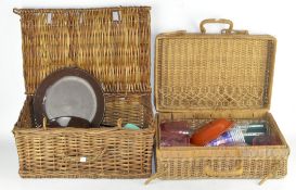 Two wicker picnic hampers, with some related contents,