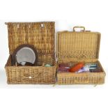 Two wicker picnic hampers, with some related contents,