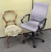 A vintage swivel office chair together with a balloon back dining chair,