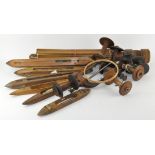 Assorted wooden items, including sewing related tools,