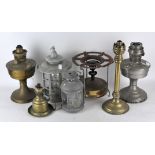 A collection of assorted lamps, to include a hanging lantern and brass oil lamps,