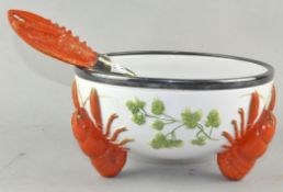 A Continental lobster salad bowl and servers, ceramic and silver plate mounted,