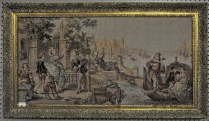 A large tapestry having Shakespearian type scene with a gilt frame.
