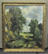 A large picture depicting a traditional British countryside scene, mounted in gilt frame,