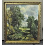 A large picture depicting a traditional British countryside scene, mounted in gilt frame,