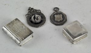 Two vintage 925 silver snuff/pill boxes, together with two silver medallions,