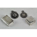 Two vintage 925 silver snuff/pill boxes, together with two silver medallions,