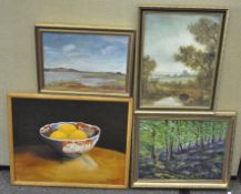 Collection of four pictures to include a gouache on canvas of fruit within a bowl...