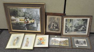 A group of various pictures and prints, including an etching of Bristol Suspension Bridge,