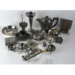 A collection of assorted silver plated items, including Walker and Hall teapot,