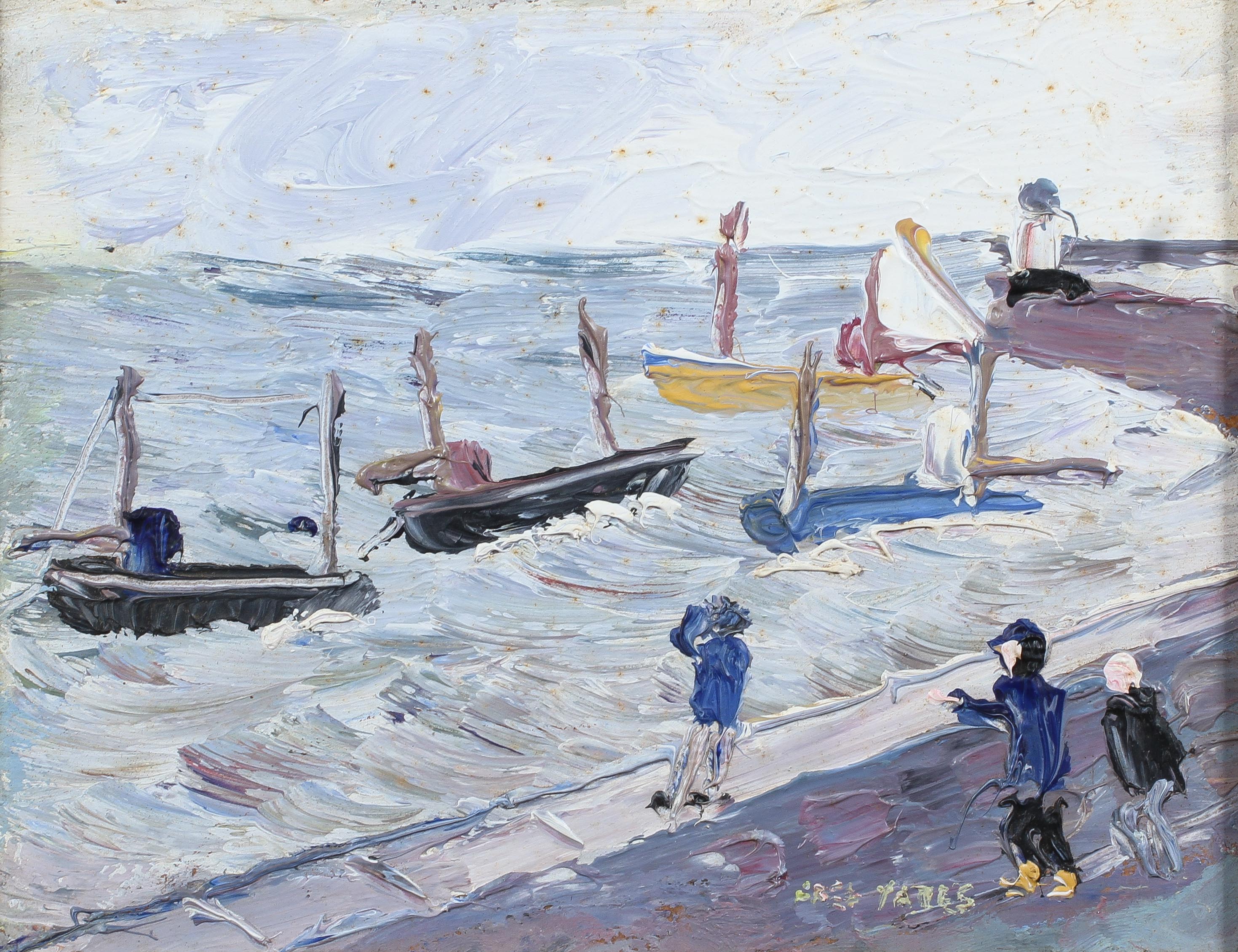 Fred Yates, Figures watching fishing boats in a stormy sea, oil on board, signed lower right,
