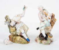 A pair of Meissen style figures, he with a wind instrument, she with a bird and cage,