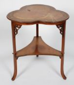 A late Victorian walnut and inlaid trefoil table, with floral and ribbon inlay to the top,