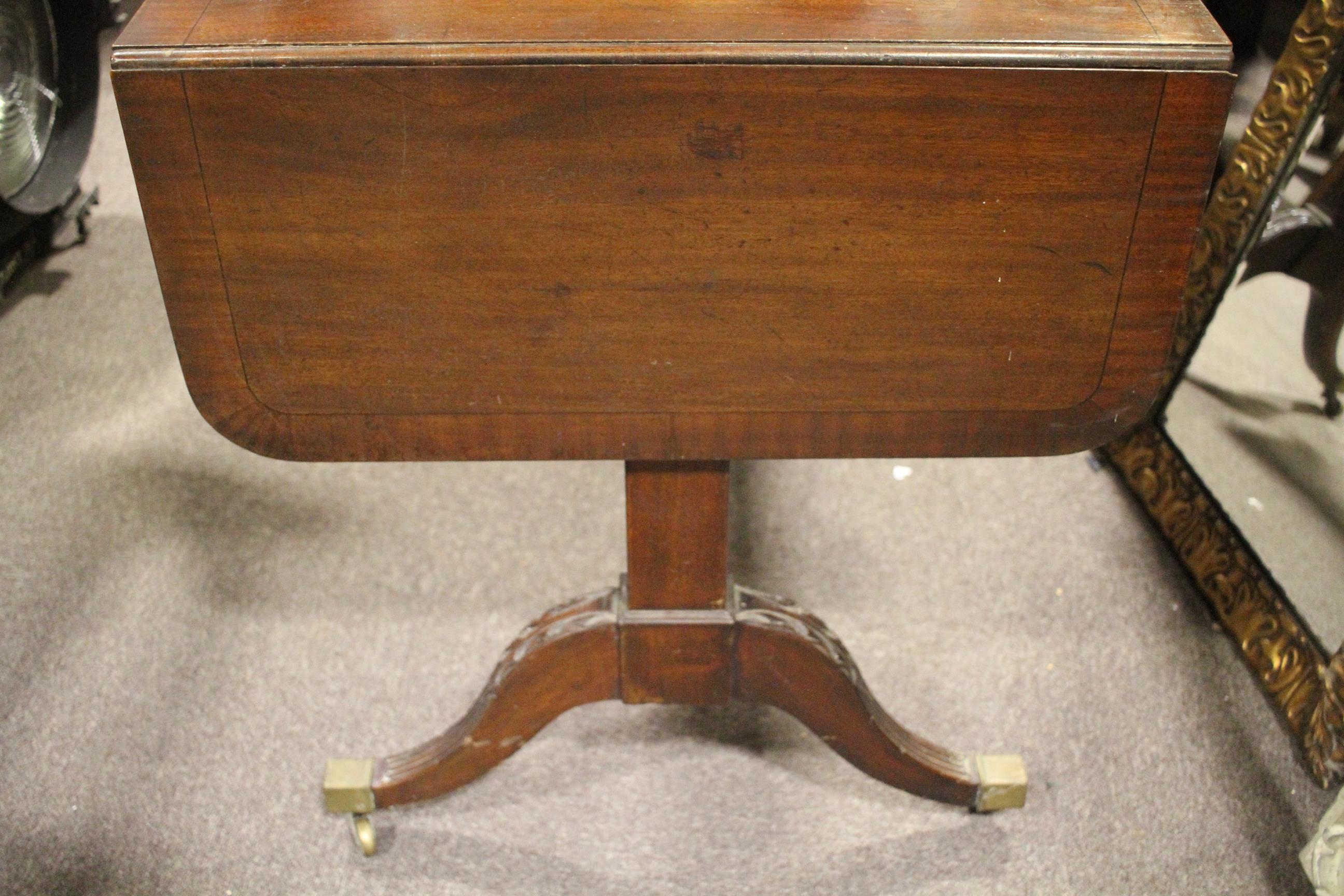 A Regency style mahogany and cross banded sofa table, drop leaves and two true drawers, - Image 10 of 11