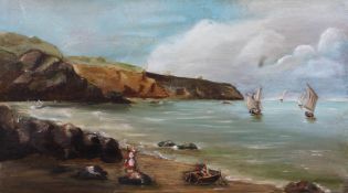 Early 20th Century school, Bretton lady on a beach oil on board,