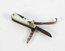A miniature penknife, with a blade, corkscrew, pick and mother of pearl handle, 3.