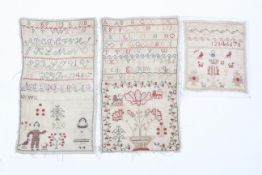 A collection of three samplers, early/mid 19th century, worked with alphabets, numbers,