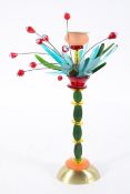 Lalo, a modernist, colour glass and gilt metal candlestick sculpture, signed to base,