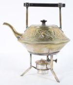 An aesthetic style silver plated kettle and stand, in the manner of Christopher Dresser, with rose,