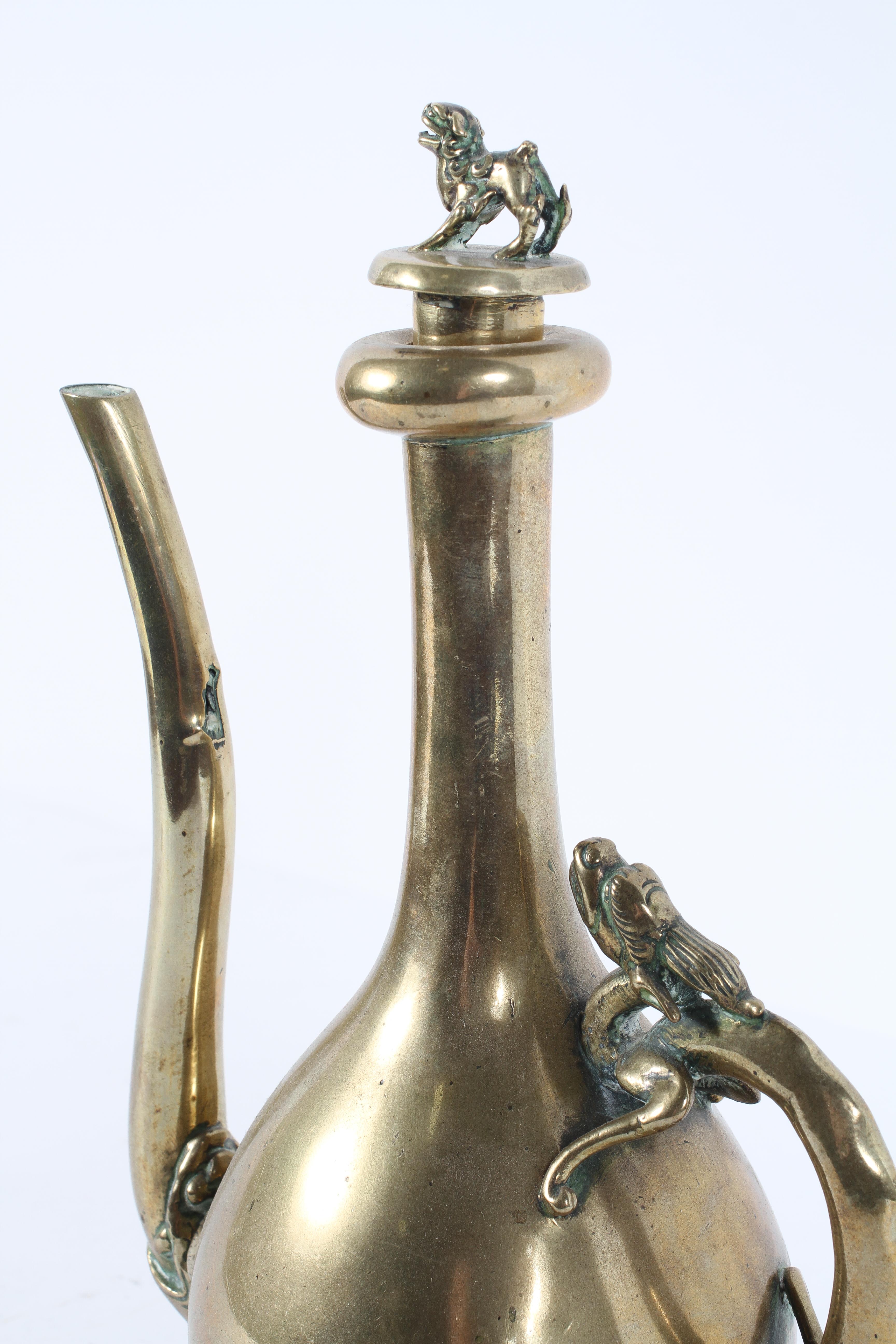 A Chinese brass ewer, of gourd form, with chilong handle and dragon finial, - Image 2 of 4