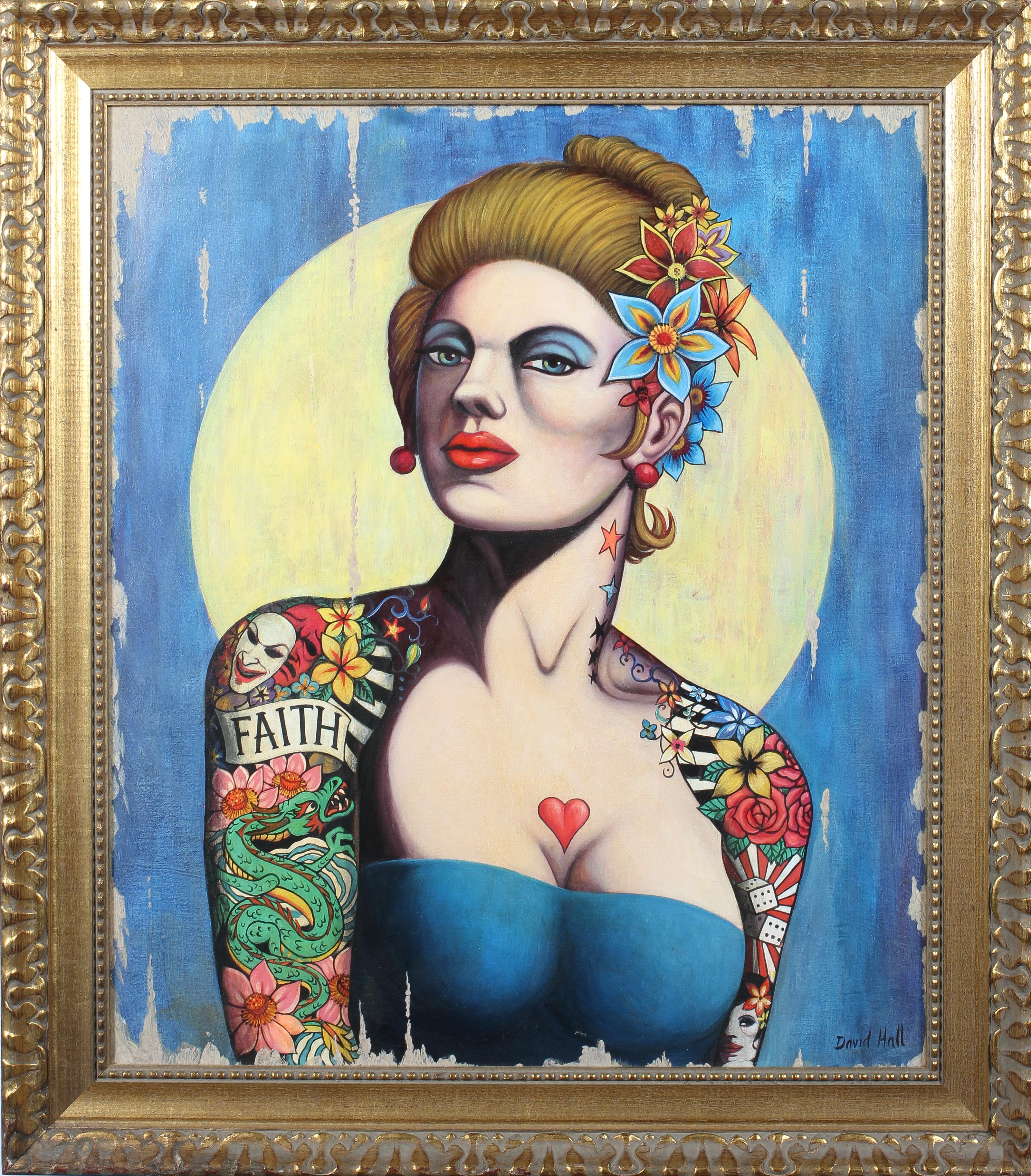 David Hall, 'Faith', A tattooed lady, oil on board, signed lower right, - Image 2 of 2