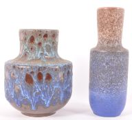 Two 1960's Steuler West German pottery vases, both having narrowed necks and fat lava blue glazes,