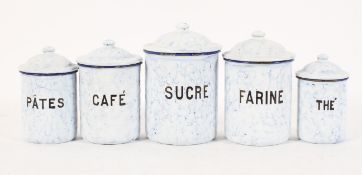 A set of five French enamelled kitchen storage jars, in marbled blue and white, for Sucre, Farine,