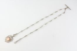A silver watch chain with fitted T-bar and swivel clasp together with a military shield pendant.